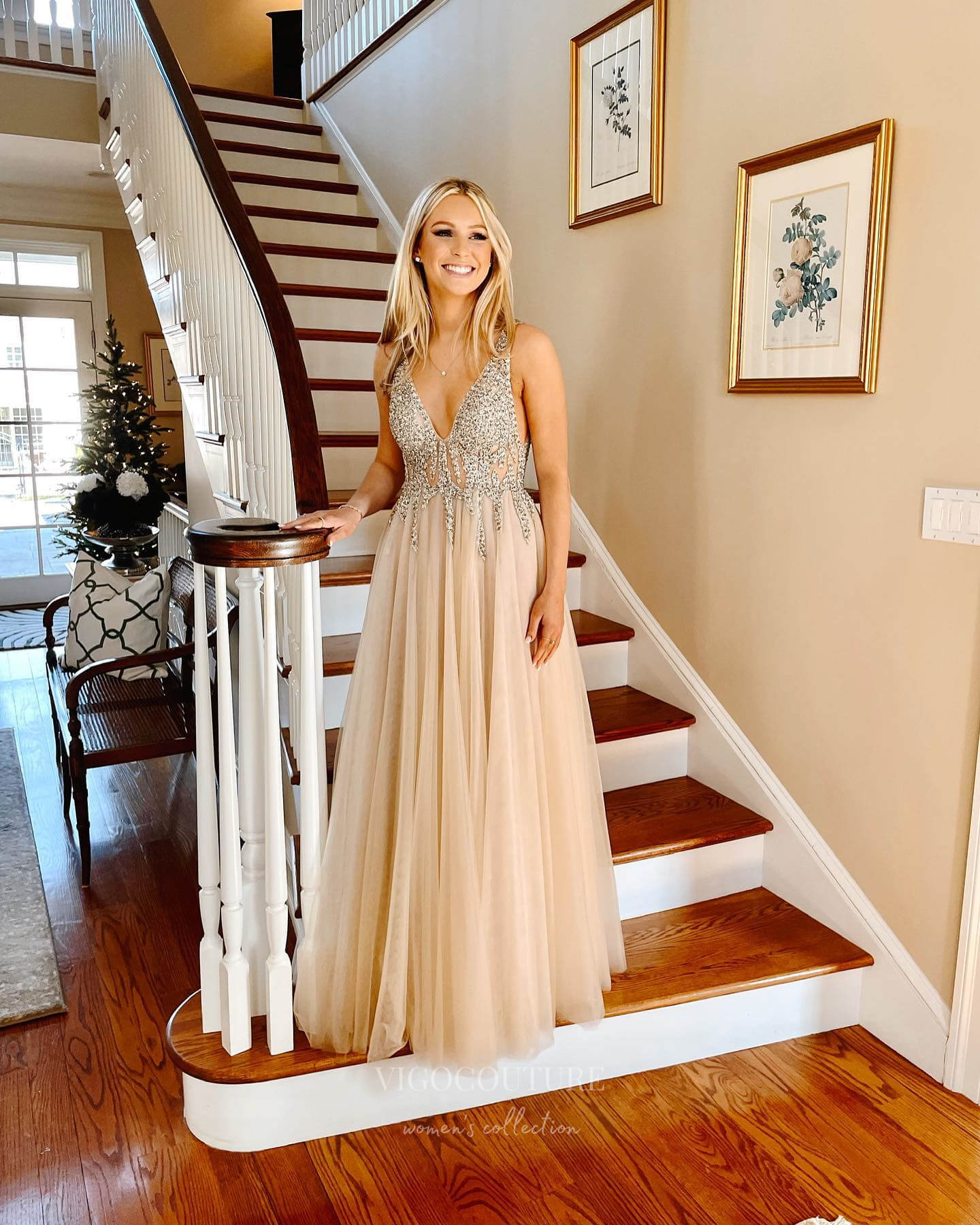 Prom Dress 2025 Champagne Beaded Lace Prom Dresses 2024 Backless Sheer Bodice 24297-unique elegant Prom Dresses-Champagne-Custom Size-vigocouture