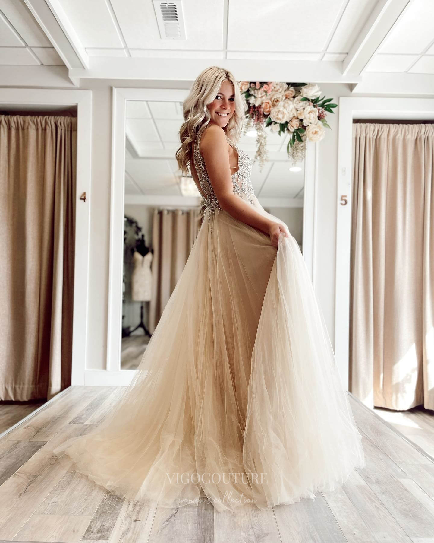 Champagne Beaded Lace Prom Dresses 2024 Backless Sheer Bodice 24297 Champagne / 20W Champagne Beaded Lace Prom Dresses 2024 Backless Sheer Bodice 24297 Champagne / 20W