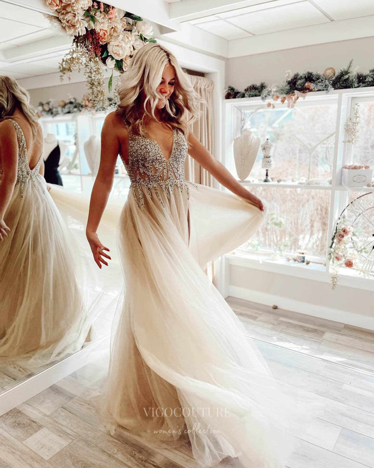 Prom Dress 2025 Champagne Beaded Lace Prom Dresses 2024 Backless Sheer Bodice 24297-unique elegant Prom Dresses-Champagne-Custom Size-vigocouture