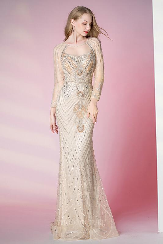 Prom Dress 2025 Champagne Beaded Long Sleeve Prom Dress 20784-unique elegant Prom Dresses-Champagne-US2-vigocouture