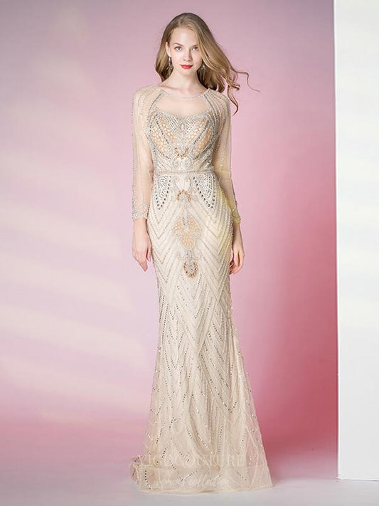 Prom Dress 2025 Champagne Beaded Long Sleeve Prom Dress 20784-unique elegant Prom Dresses-Champagne-US2-vigocouture