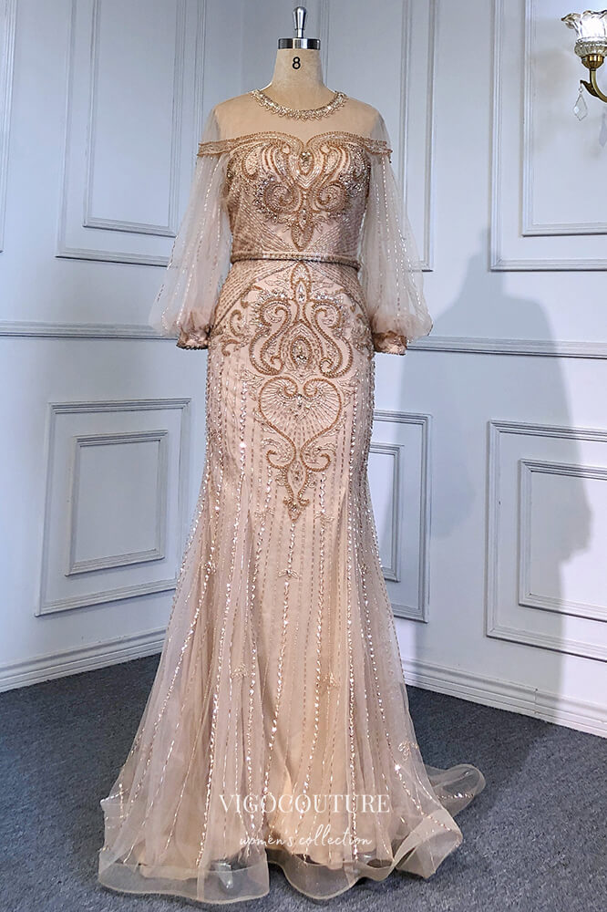 Prom Dress 2025 Champagne Beaded Mermaid Formal Dresses Long Puffed Sleeve Prom Dress 21616-unique elegant Prom Dresses-Champagne-US2-vigocouture