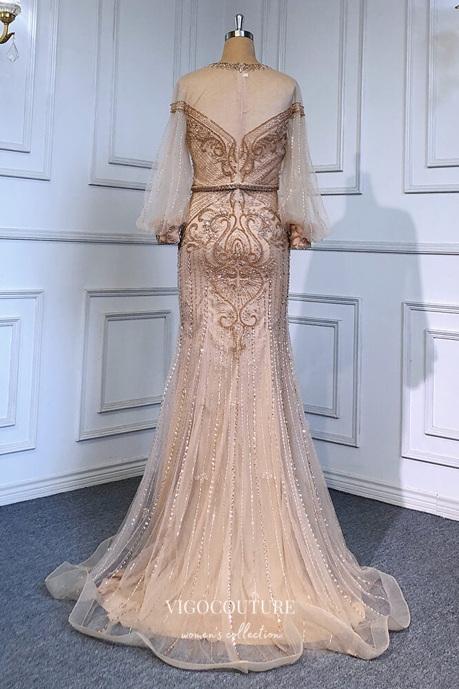 Prom Dress 2025 Champagne Beaded Mermaid Formal Dresses Long Puffed Sleeve Prom Dress 21616-unique elegant Prom Dresses-Champagne-US2-vigocouture