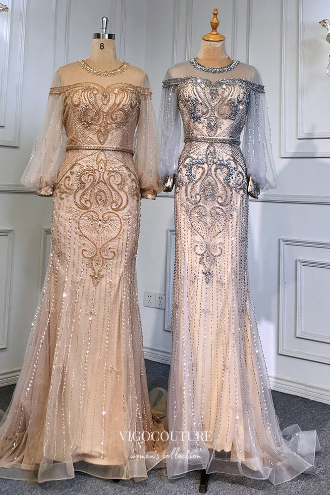 Prom Dress 2025 Champagne Beaded Mermaid Formal Dresses Long Puffed Sleeve Prom Dress 21616-unique elegant Prom Dresses-Champagne-US2-vigocouture