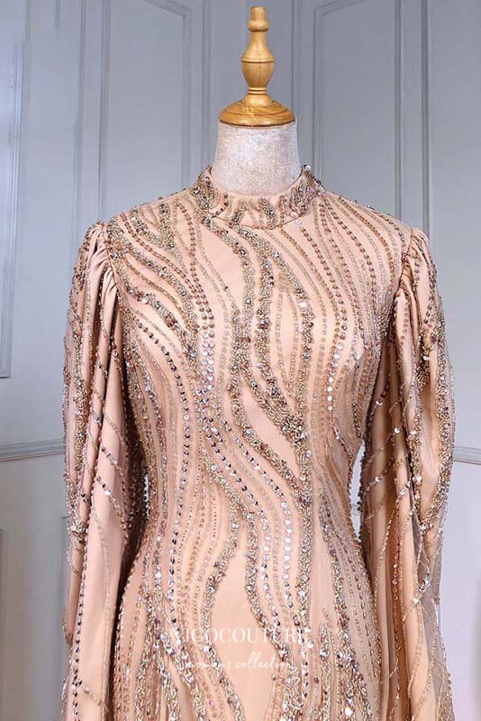 Prom Dress 2025 Champagne Beaded Mermaid Formal Dresses Long Sleeve Prom Dress 21611-unique elegant Prom Dresses-Champagne-US2-vigocouture