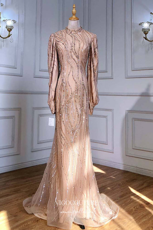 Prom Dress 2025 Champagne Beaded Mermaid Formal Dresses Long Sleeve Prom Dress 21611-unique elegant Prom Dresses-Champagne-US2-vigocouture