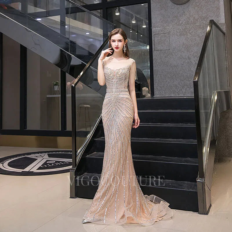 Prom Dress 2025 Champagne Beaded Mermaid Prom Dress 20056-unique elegant Prom Dresses-Champagne-US2-vigocouture