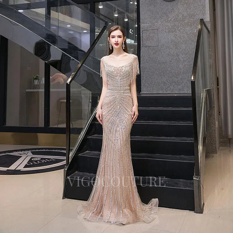 Prom Dress 2025 Champagne Beaded Mermaid Prom Dress 20056-unique elegant Prom Dresses-Champagne-US2-vigocouture