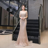 Prom Dress 2025 Champagne Beaded Mermaid Prom Dress 20056-unique elegant Prom Dresses-Champagne-US2-vigocouture