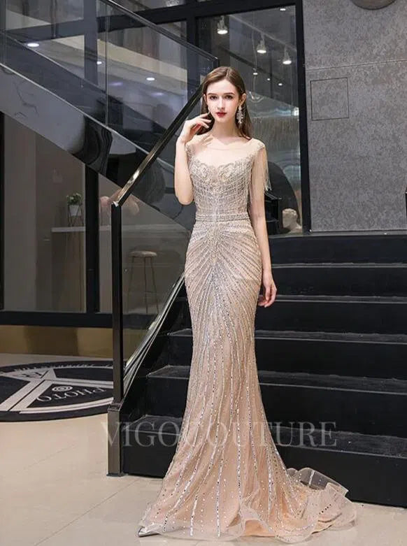 Prom Dress 2025 Champagne Beaded Mermaid Prom Dress 20056-unique elegant Prom Dresses-Champagne-US2-vigocouture