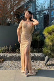 Prom Dress 2025 Champagne Beaded Mermaid Prom Dress with Cape Sleeve and Slit 22242-unique elegant Prom Dresses-Champagne-US2-vigocouture