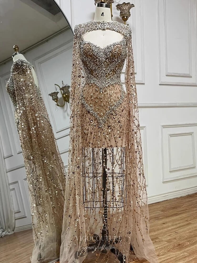 Champagne Beaded Mermaid Prom Dresses with Removable Cape Sheer Pagean vigocouture Champagne Beaded Mermaid Prom Dresses with Removable Cape Sheer Pagean vigocouture