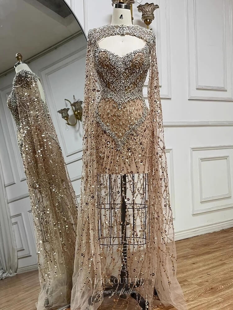 Prom Dress 2025 Champagne Beaded Mermaid Prom Dresses with Removable Cape Sheer Pageant Dress 25003-unique elegant Prom Dresses-Champagne-US2-vigocouture