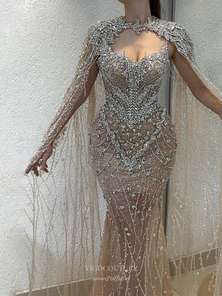 Prom Dress 2025 Champagne Beaded Mermaid Prom Dresses with Removable Cape Sheer Pageant Dress 25003-unique elegant Prom Dresses-Champagne-US2-vigocouture