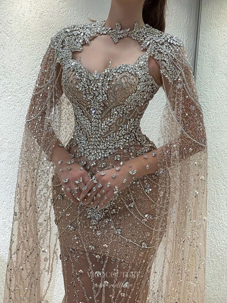 Prom Dress 2025 Champagne Beaded Mermaid Prom Dresses with Removable Cape Sheer Pageant Dress 25003-unique elegant Prom Dresses-Champagne-US2-vigocouture