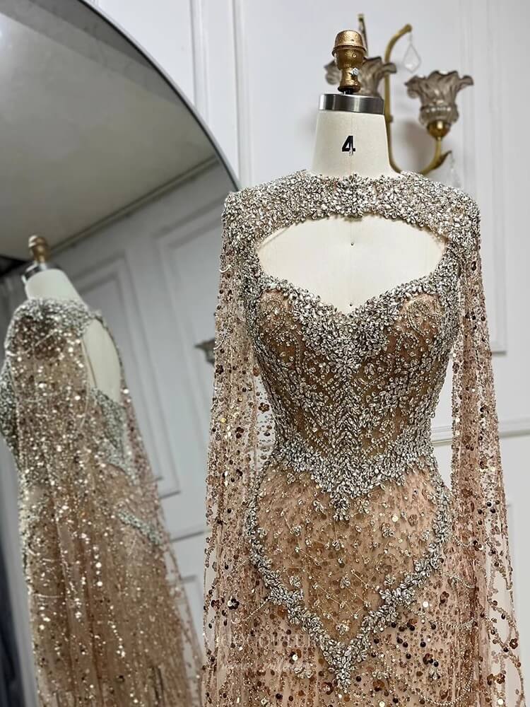 Prom Dress 2025 Champagne Beaded Mermaid Prom Dresses with Removable Cape Sheer Pageant Dress 25003-unique elegant Prom Dresses-Champagne-US2-vigocouture