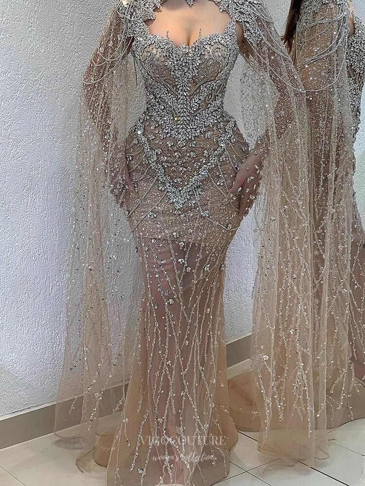 Prom Dress 2025 Champagne Beaded Mermaid Prom Dresses with Removable Cape Sheer Pageant Dress 25003-unique elegant Prom Dresses-Champagne-US2-vigocouture