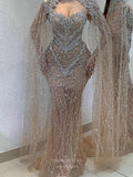 Champagne Beaded Mermaid Prom Dresses with Removable Cape Sheer Pageant Dress 25003