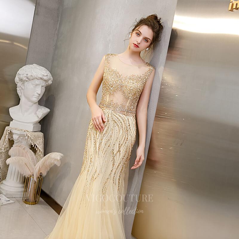 Prom Dress 2025 Champagne Beaded Prom Dress 20264-unique elegant Prom Dresses-Champagne-US2-vigocouture