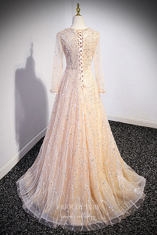 Prom Dress 2025 Champagne Beaded Prom Dress with Long Sleeve and Square Neck 22264-unique elegant Prom Dresses-Champagne-Custom Size-vigocouture