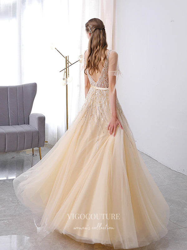 Champagne Beaded Prom Dresses A-Line Formal Dresses 21509 Champagne / Custom Size Champagne Beaded Prom Dresses A-Line Formal Dresses 21509 Champagne / Custom Size