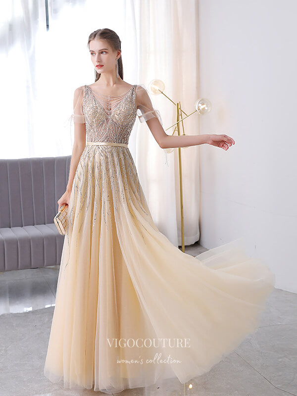 Champagne Beaded Prom Dresses A-Line Formal Dresses 21509 Champagne / Custom Size Champagne Beaded Prom Dresses A-Line Formal Dresses 21509 Champagne / Custom Size