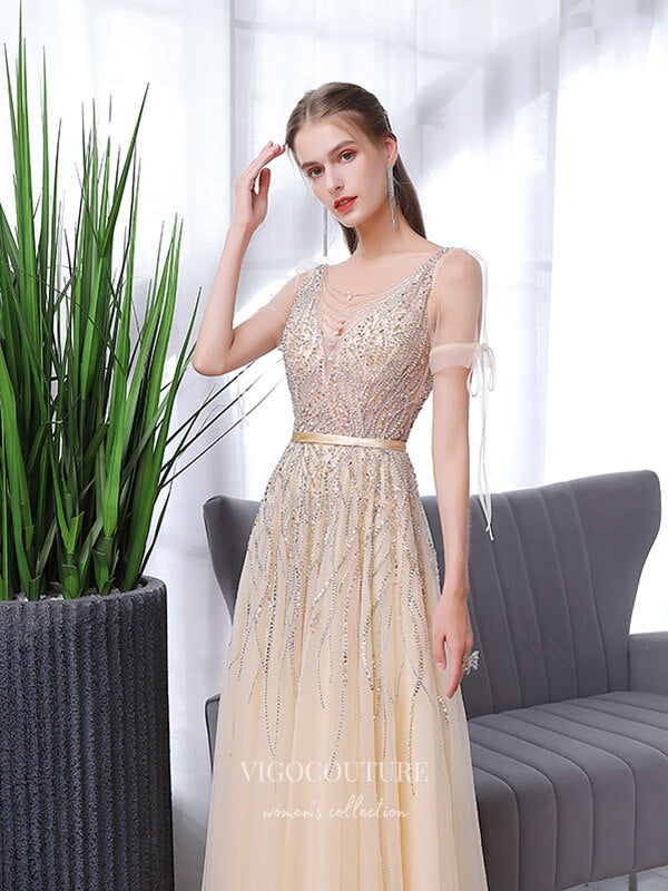 Champagne Beaded Prom Dresses A-Line Formal Dresses 21509 Champagne / Custom Size Champagne Beaded Prom Dresses A-Line Formal Dresses 21509 Champagne / Custom Size