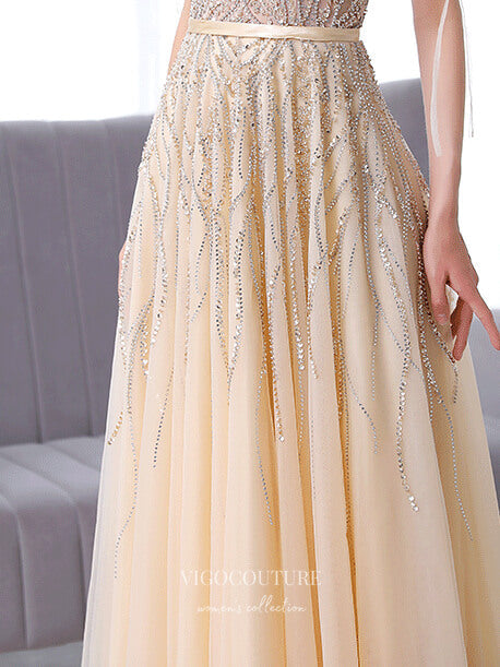 Champagne Beaded Prom Dresses A-Line Formal Dresses 21509 Champagne / Custom Size Champagne Beaded Prom Dresses A-Line Formal Dresses 21509 Champagne / Custom Size