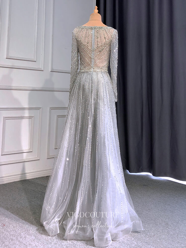 Prom Dress 2025 Champagne Beaded Prom Dresses Long Sleeve Mother of the Bride Dresses 22103-unique elegant Prom Dresses-Champagne-US2-vigocouture