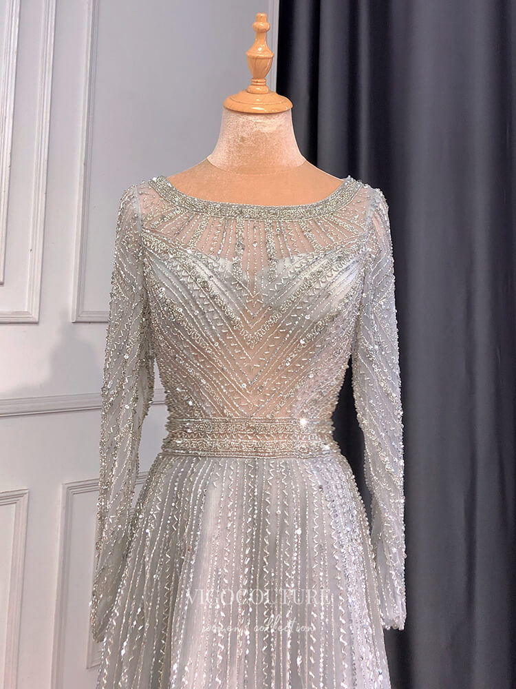 Prom Dress 2025 Champagne Beaded Prom Dresses Long Sleeve Mother of the Bride Dresses 22103-unique elegant Prom Dresses-Champagne-US2-vigocouture