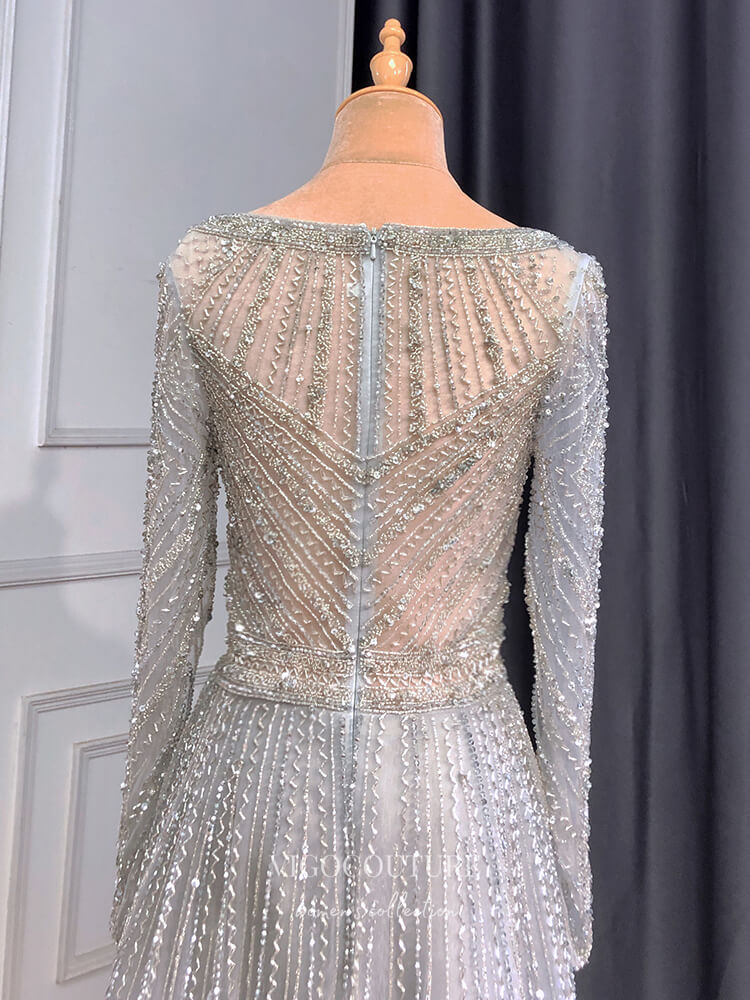 Prom Dress 2025 Champagne Beaded Prom Dresses Long Sleeve Mother of the Bride Dresses 22103-unique elegant Prom Dresses-Champagne-US2-vigocouture