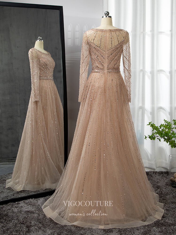 Prom Dress 2025 Champagne Beaded Prom Dresses Long Sleeve Mother of the Bride Dresses 22103-unique elegant Prom Dresses-Champagne-US2-vigocouture