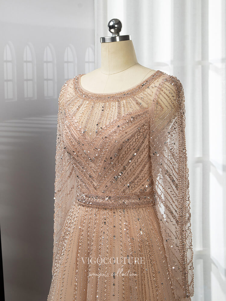 Prom Dress 2025 Champagne Beaded Prom Dresses Long Sleeve Mother of the Bride Dresses 22103-unique elegant Prom Dresses-Champagne-US2-vigocouture