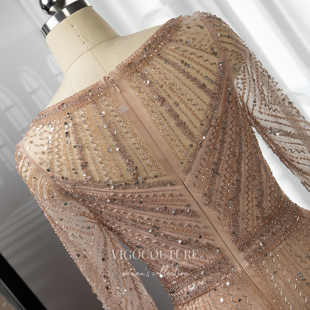 Prom Dress 2025 Champagne Beaded Prom Dresses Long Sleeve Mother of the Bride Dresses 22103-unique elegant Prom Dresses-Champagne-US2-vigocouture