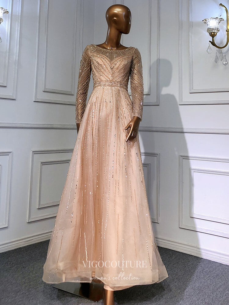 Prom Dress 2025 Champagne Beaded Prom Dresses Long Sleeve Mother of the Bride Dresses 22103-unique elegant Prom Dresses-Champagne-US2-vigocouture