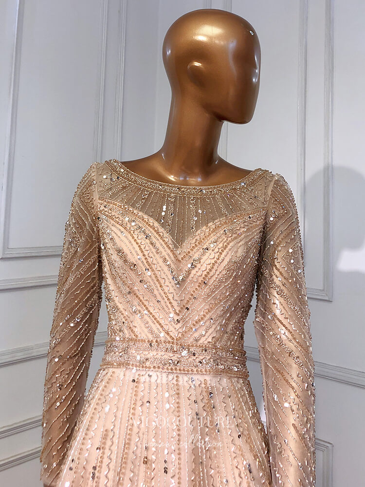 Prom Dress 2025 Champagne Beaded Prom Dresses Long Sleeve Mother of the Bride Dresses 22103-unique elegant Prom Dresses-Champagne-US2-vigocouture