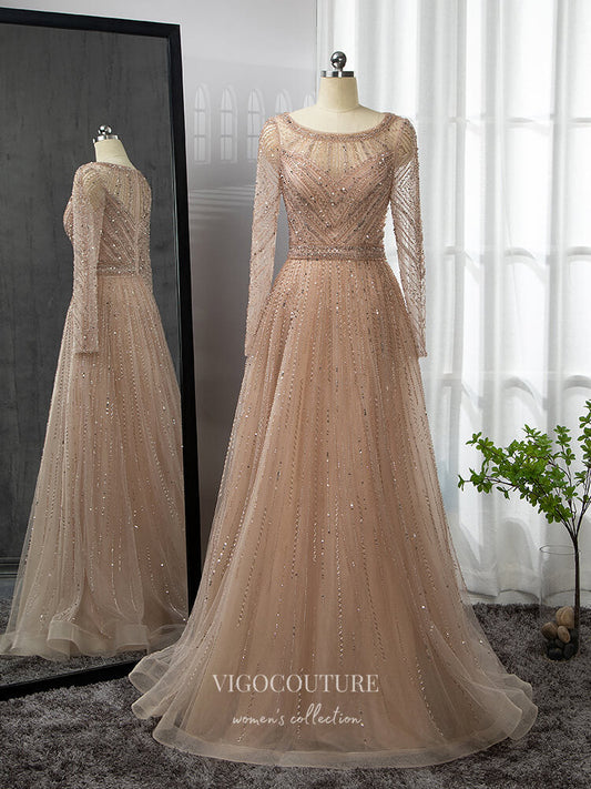 Prom Dress 2025 Champagne Beaded Prom Dresses Long Sleeve Mother of the Bride Dresses 22103-unique elegant Prom Dresses-Champagne-US2-vigocouture