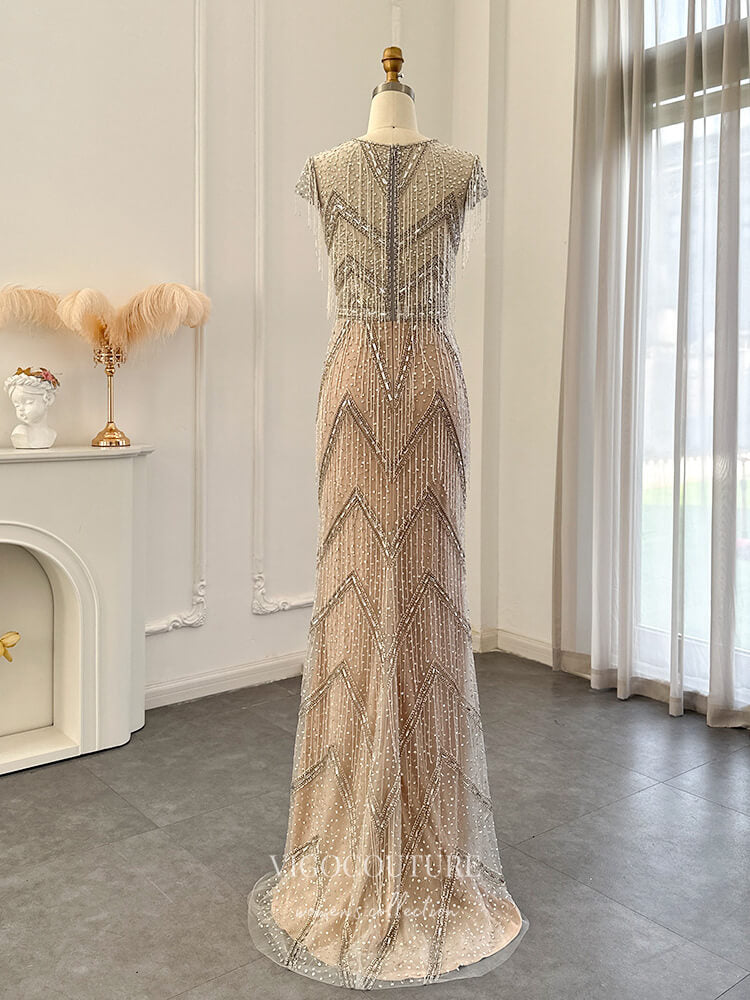 Prom Dress 2025 Champagne Beaded String Prom Dresses Cap Sleeve V-Neck Pageant Dress 24453-unique elegant Prom Dresses-Champagne-US2-vigocouture