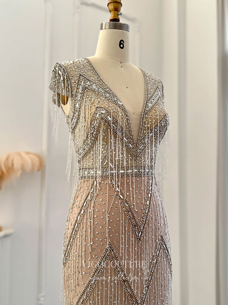 Prom Dress 2025 Champagne Beaded String Prom Dresses Cap Sleeve V-Neck Pageant Dress 24453-unique elegant Prom Dresses-Champagne-US2-vigocouture