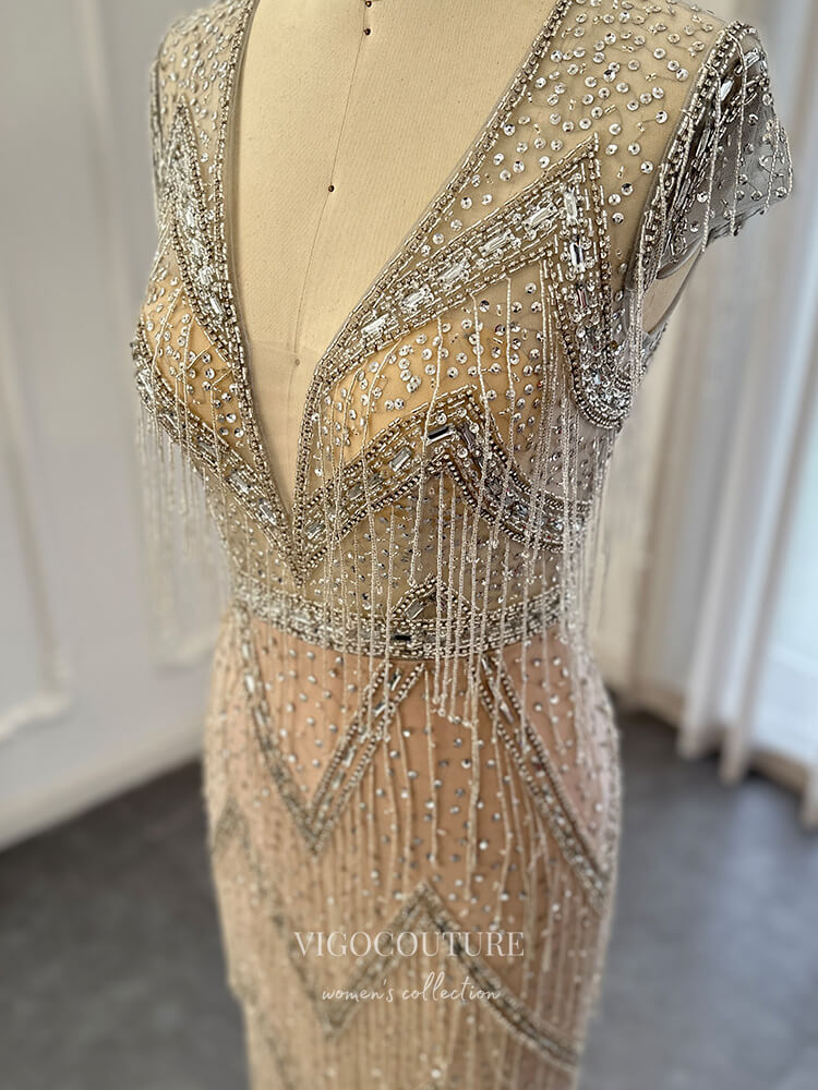 Prom Dress 2025 Champagne Beaded String Prom Dresses Cap Sleeve V-Neck Pageant Dress 24453-unique elegant Prom Dresses-Champagne-US2-vigocouture