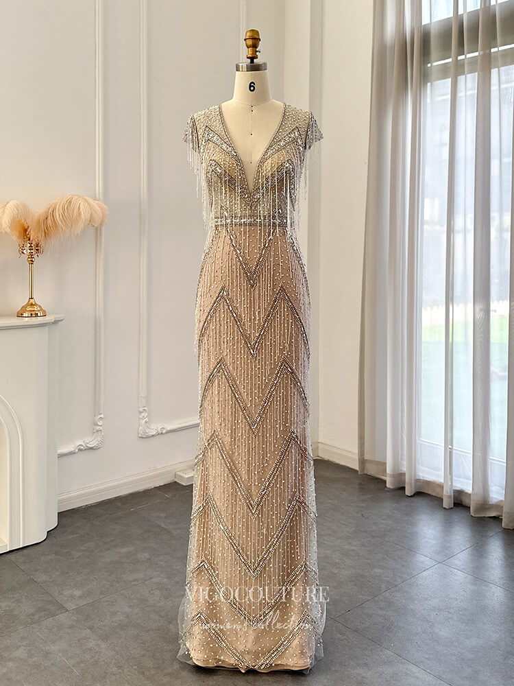 Prom Dress 2025 Champagne Beaded String Prom Dresses Cap Sleeve V-Neck Pageant Dress 24453-unique elegant Prom Dresses-Champagne-US2-vigocouture