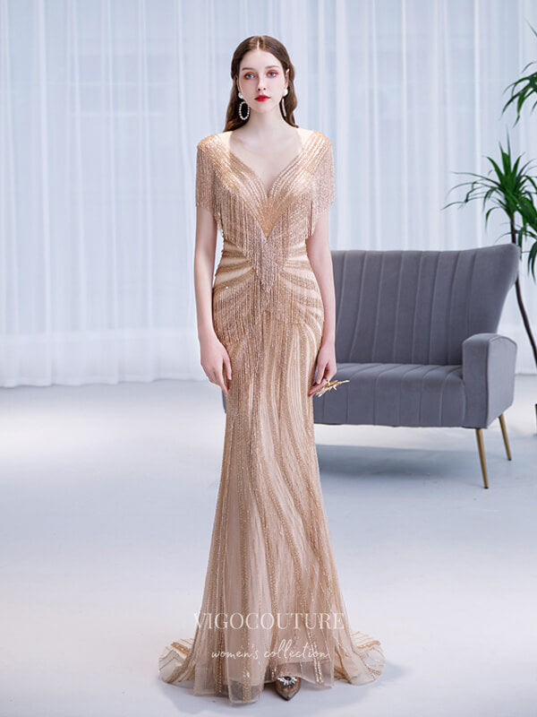 Prom Dress 2025 Champagne Beaded String Prom Dresses Mermaid Formal Dresses 21512-unique elegant Prom Dresses-Champagne-US2-vigocouture