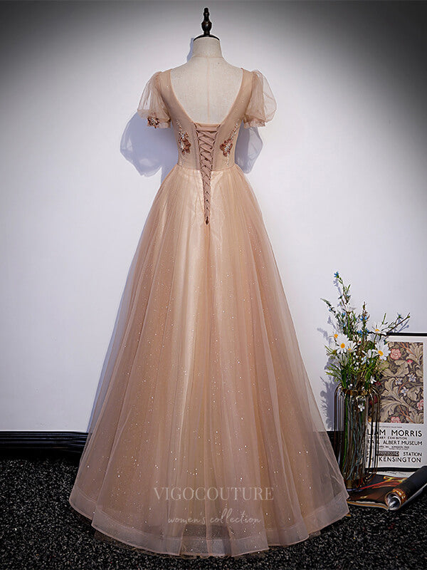 Prom Dress 2025 Champagne Beaded Tulle Puffed Sleeve Prom Dress 20885-unique elegant Prom Dresses-Champagne-Custom Size-vigocouture