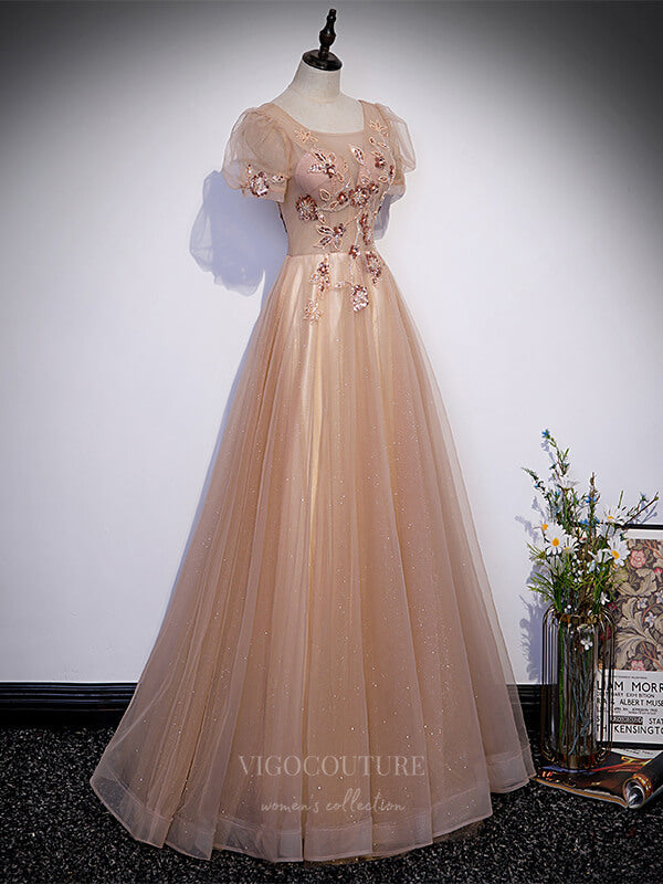 Prom Dress 2025 Champagne Beaded Tulle Puffed Sleeve Prom Dress 20885-unique elegant Prom Dresses-Champagne-Custom Size-vigocouture