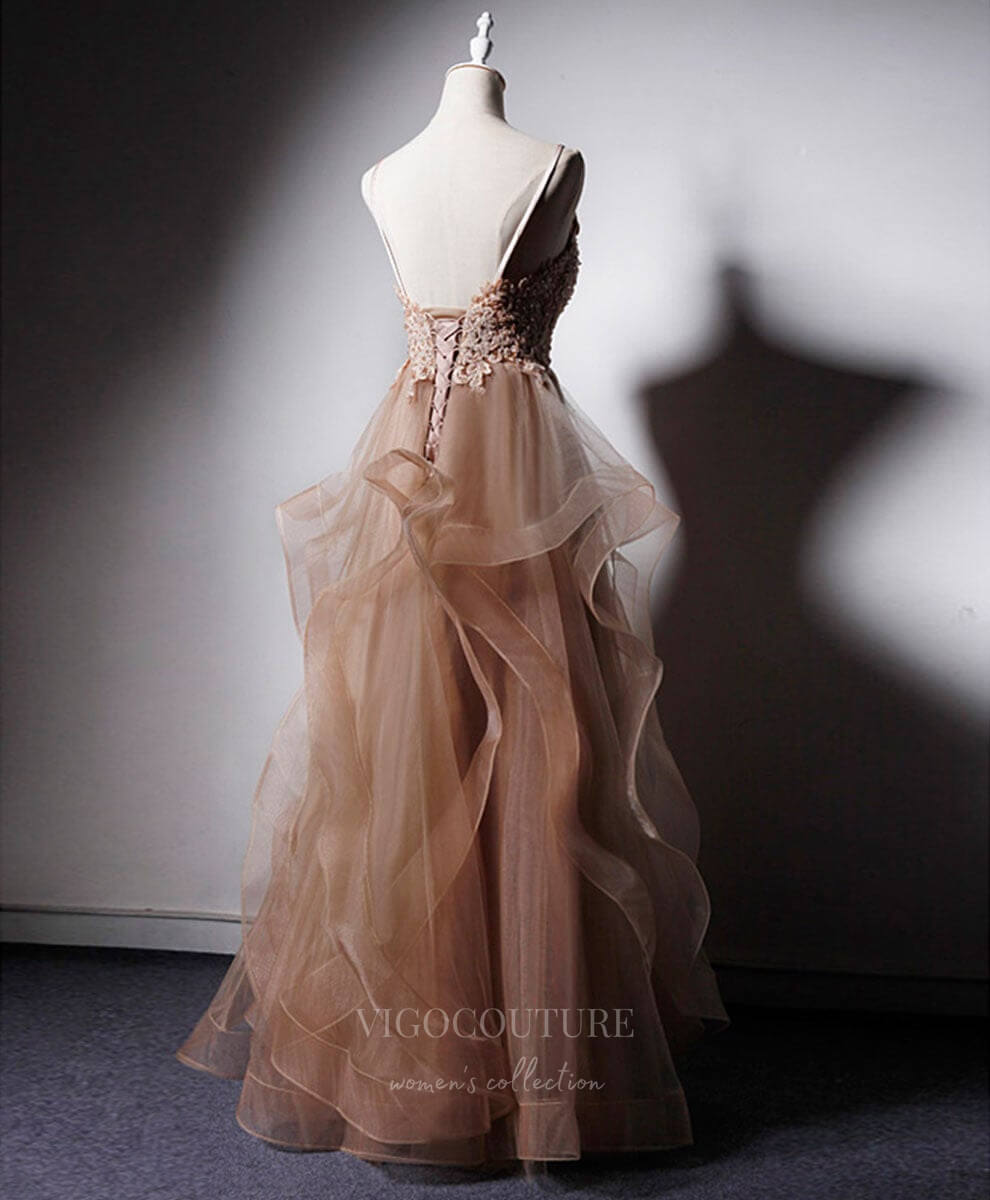 Prom Dress 2025 Champagne Beaded V-Neck Tulle Spaghetti Strap Prom Dress 20909-unique elegant Prom Dresses-Champagne-Custom Size-vigocouture