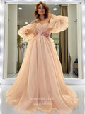 Champagne Bell Sleeve Prom Dresses A-Line Formal Dresses 21576