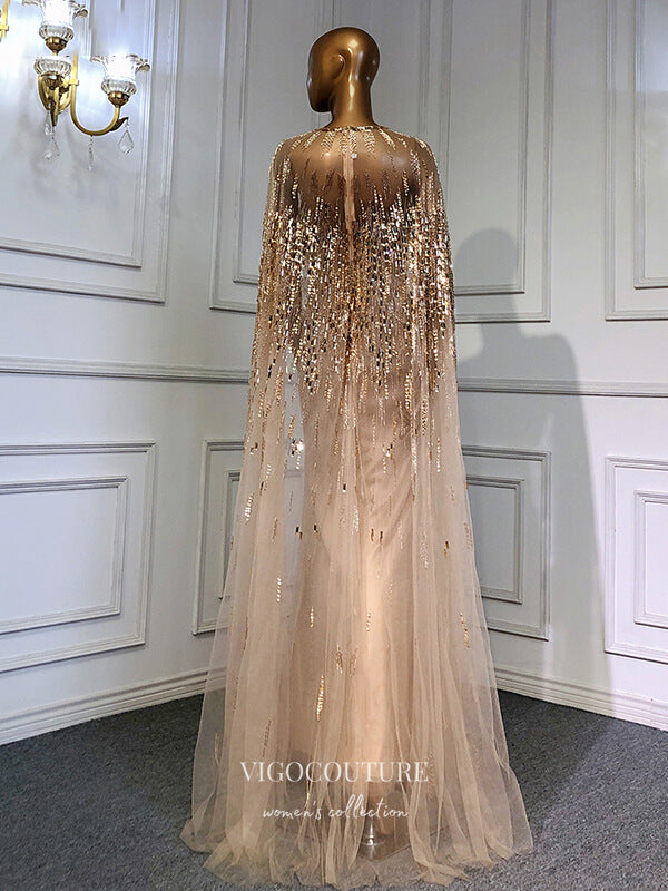 Prom Dress 2025 Champagne Cape Sleeve Formal Dresses Beaded Evening Dresses 21522-unique elegant Prom Dresses-Champagne-US2-vigocouture