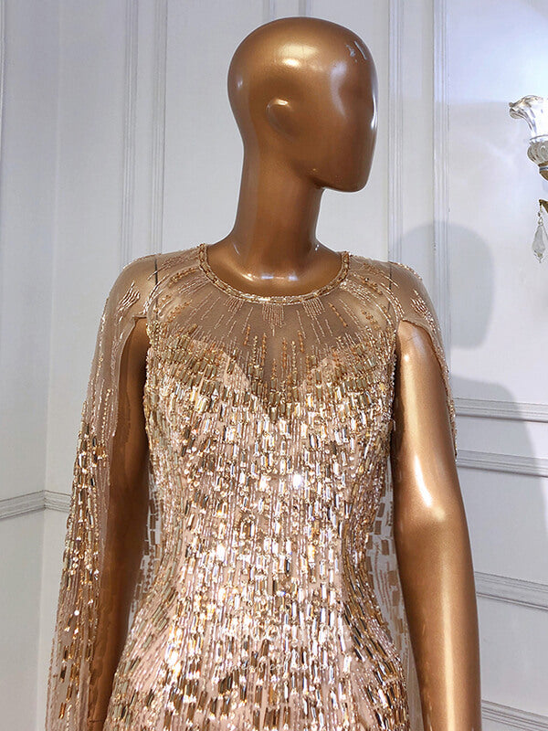 Champagne Cape Sleeve Formal Dresses Beaded Evening Dresses 21522 Champagne / US10 Champagne Cape Sleeve Formal Dresses Beaded Evening Dresses 21522 Champagne / US10