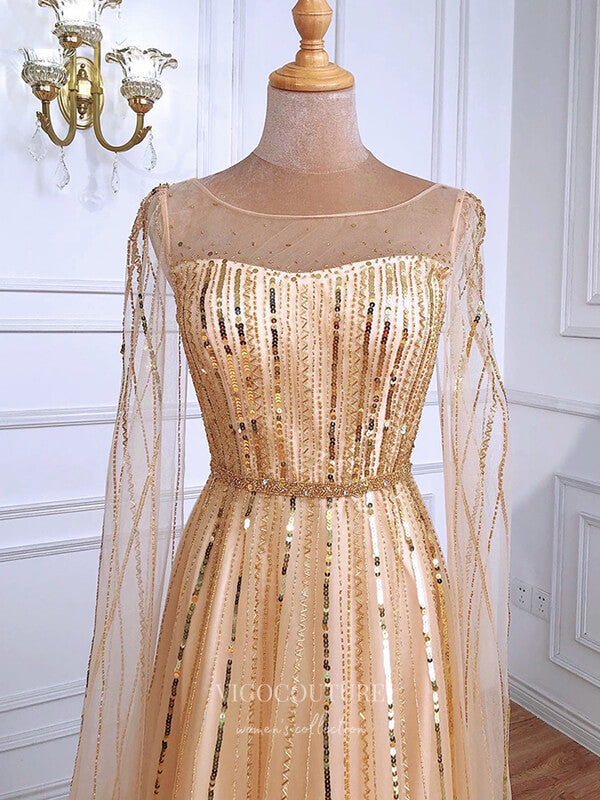 Champagne Extra Long Sleeve Prom Dresses Sequin Formal Dresses 21309 – vigocouture