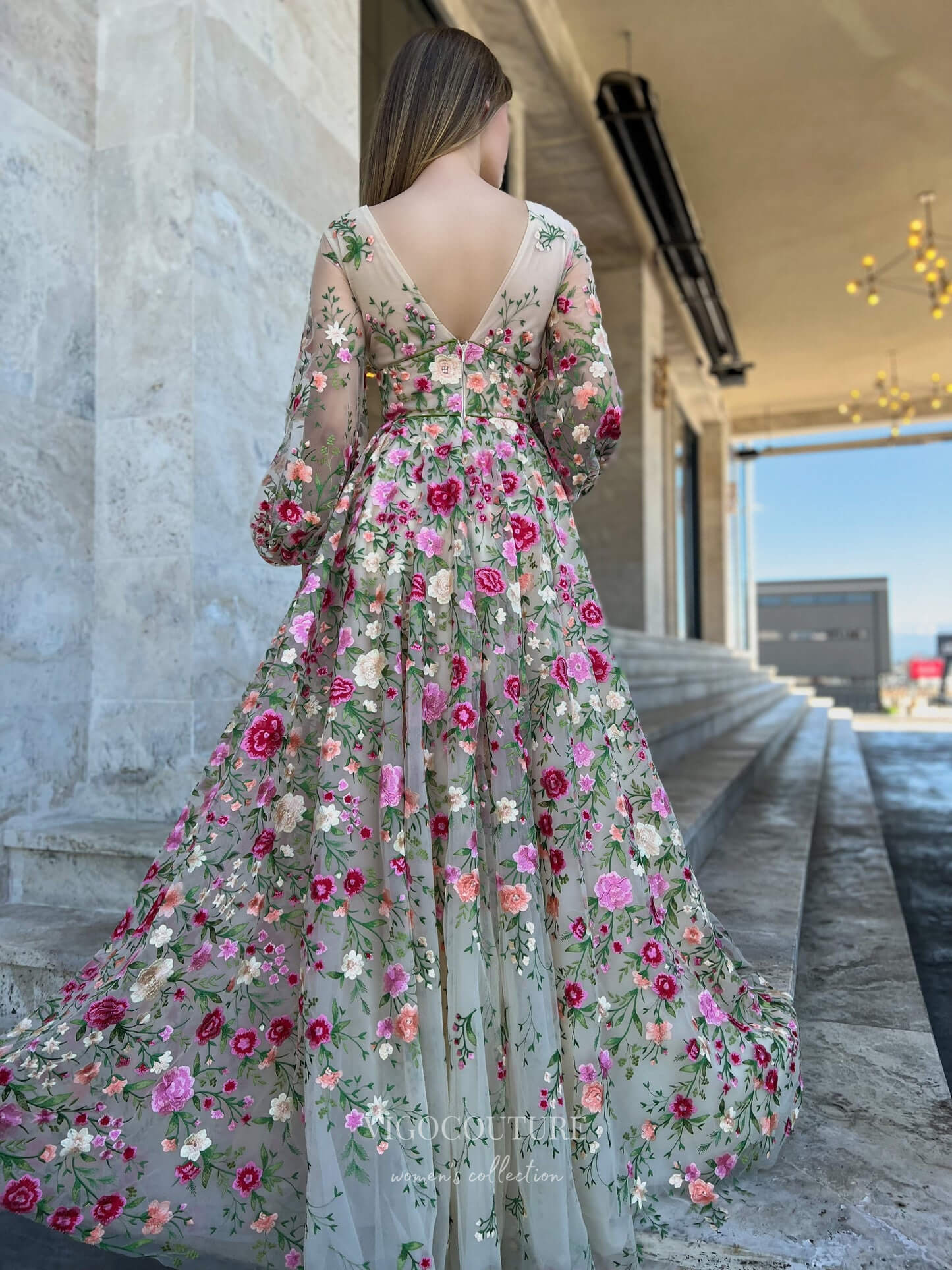 Prom Dress 2025 Champagne Floral Lace Prom Dresses Sheer Long Sleeve V-Neck 24478-unique elegant Prom Dresses-Champagne-Custom Size-vigocouture